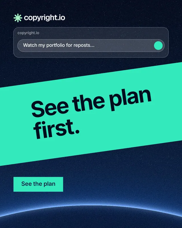 Instagram portrait post for copyright.io: "See the plan first." Swiss style, diagonal layout, dark palette in blue, teal, black.