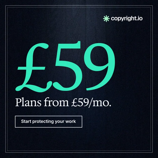 Instagram post for copyright.io: "Evidence, documented." Dark deco style, stat layout, dark palette in black, teal.