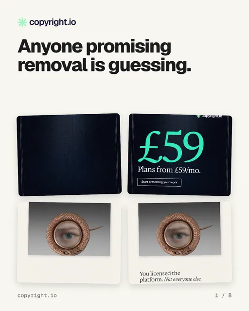 Carousel for copyright.io: "Anyone promising removal is guessing.". Collection carousel, 8 slides, light palette.
