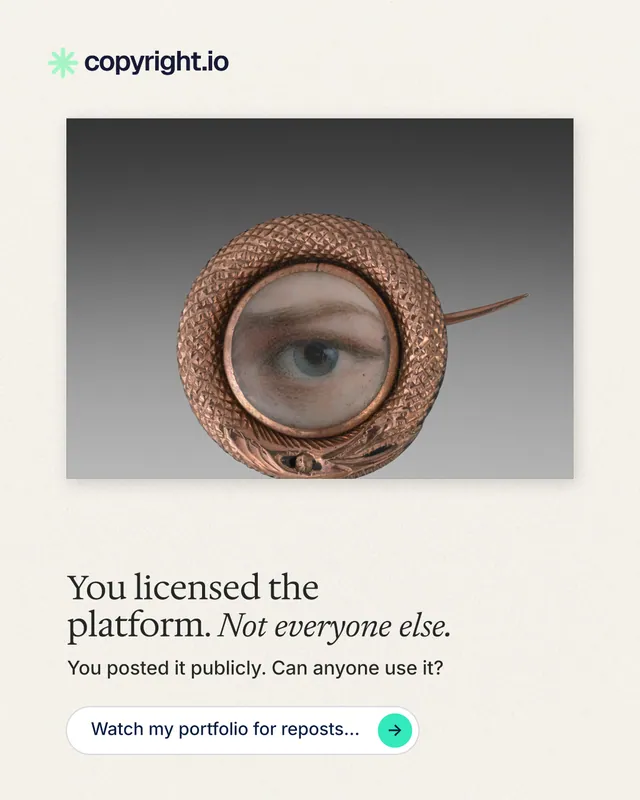 Instagram portrait post for copyright.io: "You licensed the platform. Not everyone else." Agentic glass style, bottom layout, light palette in grey, white.