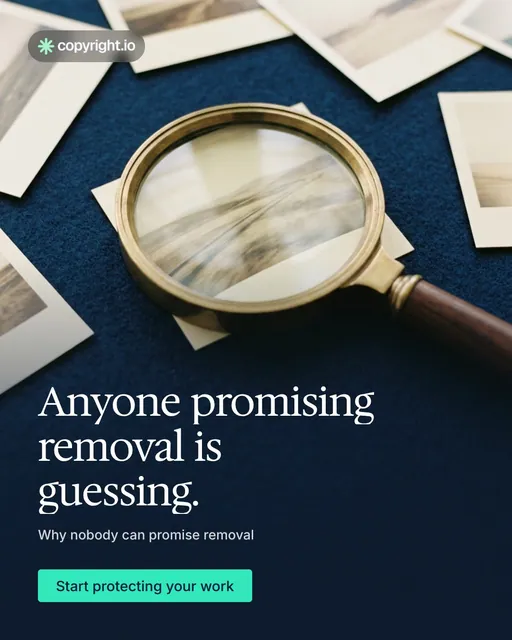 Video for copyright.io: "Anyone promising removal is guessing.". Doc motion loop, 8.0 s, dark palette.