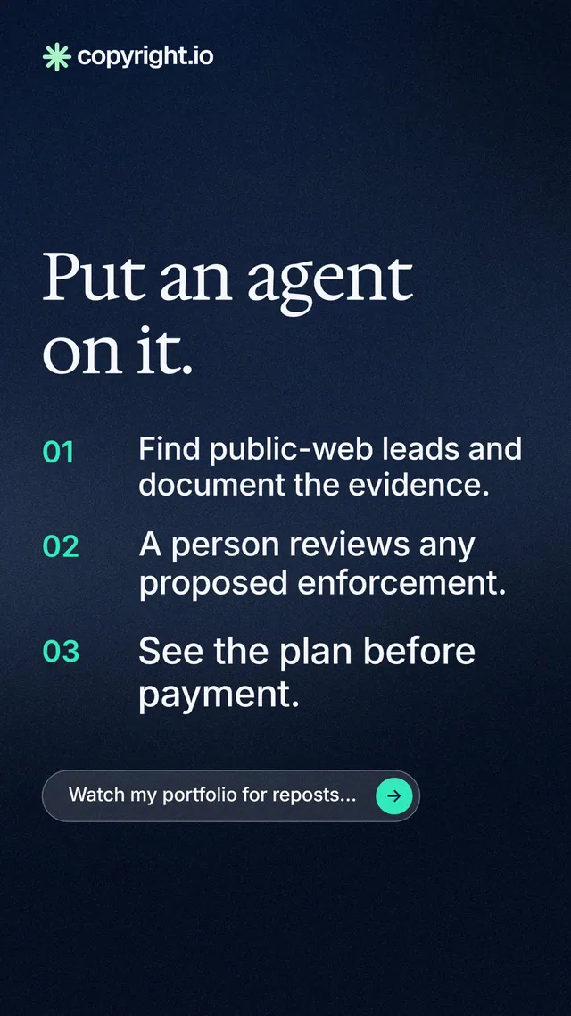 Instagram story for copyright.io: "Put an agent on it." Agentic glass style, numbered layout, dark palette in blue, black.