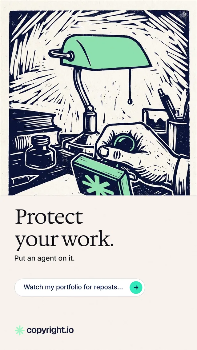 Instagram story for copyright.io: "Protect your work." Agentic glass style, bottom layout, light palette in white, grey.