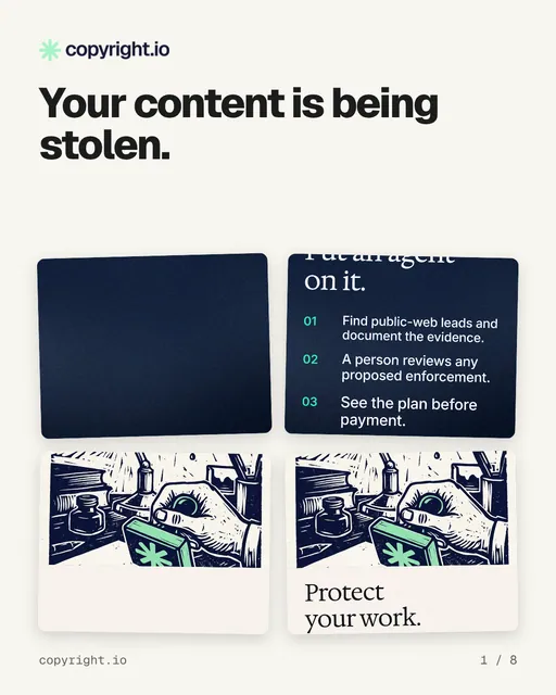 Carousel for copyright.io: "Your content is being stolen.". Collection carousel, 8 slides, light palette.