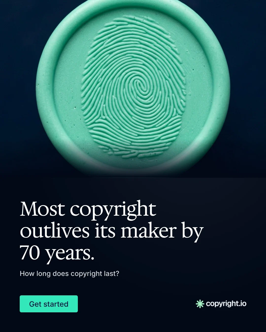 Video for copyright.io: "Most copyright outlives its maker by 70 years.". Doc motion loop, 6.0 s, dark palette.