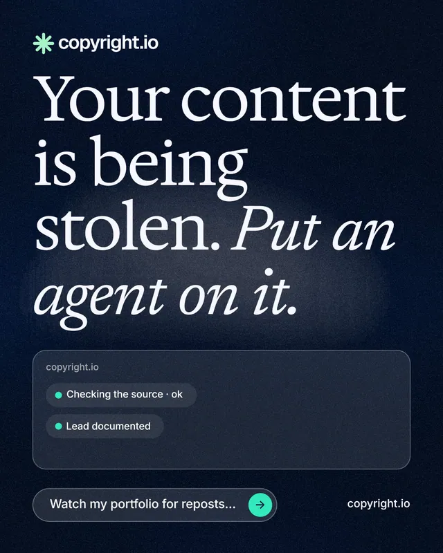 Instagram portrait post for copyright.io: "Your content is being stolen. Put an agent on it." Thermal style, poster layout, dark palette in black, blue, grey.