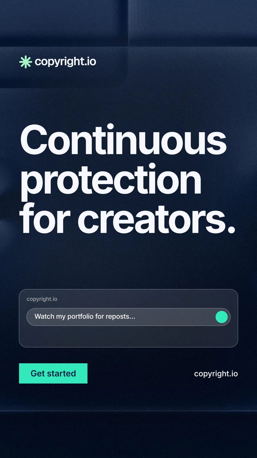 Instagram story for copyright.io: "Continuous protection for creators." Swiss style, poster layout, dark palette in blue, black, grey.