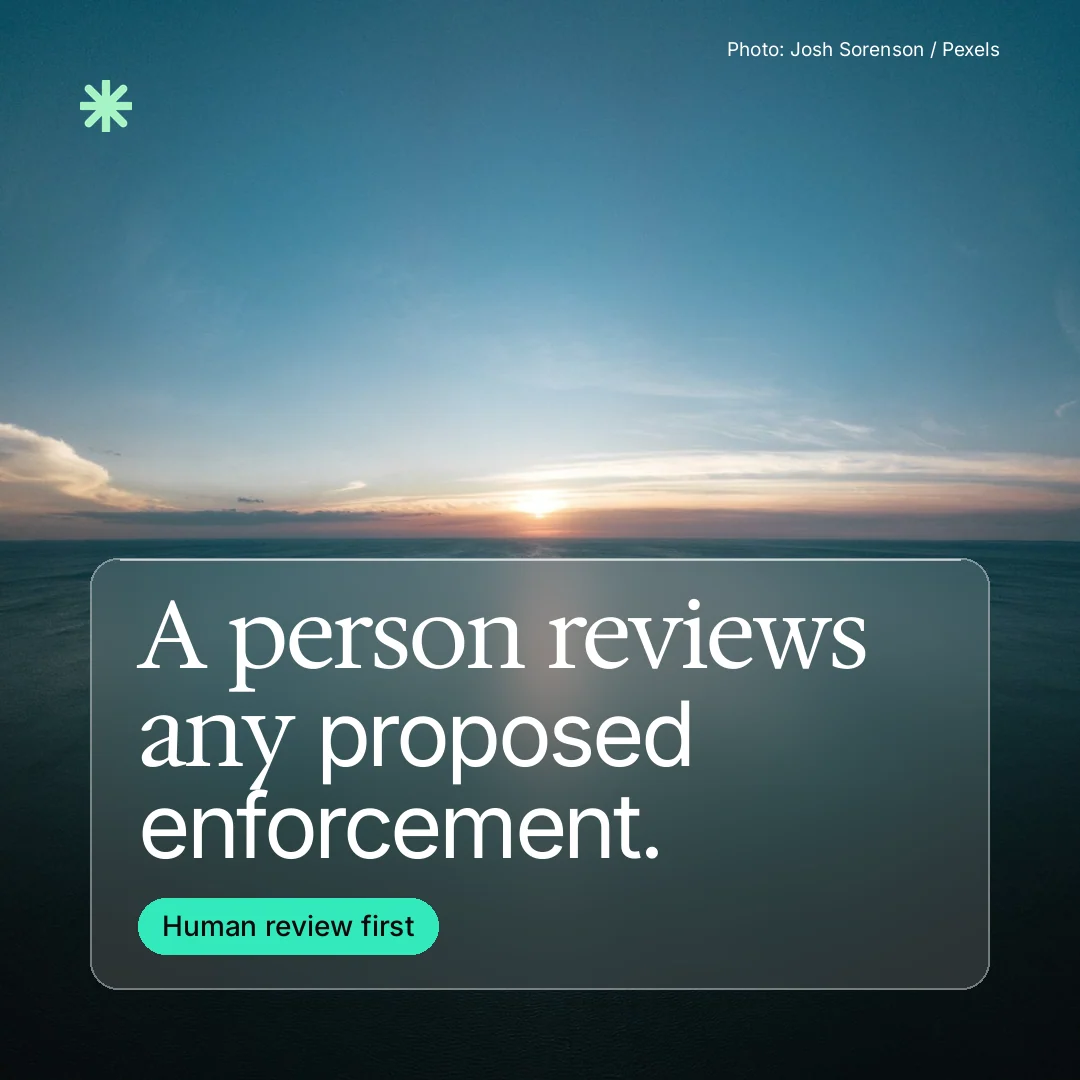 Instagram post for copyright.io: "A person reviews any proposed enforcement." Glass style, technique:pexels ingredient layout, dark palette in teal, blue.