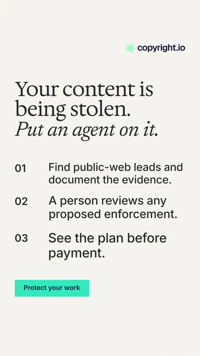 Instagram story for copyright.io: "Your content is being stolen. Put an agent on it." Swiss style, numbered layout, light palette in white, grey, green.