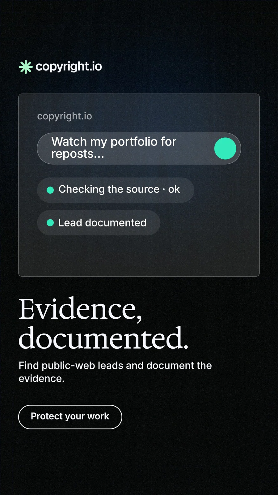 Instagram story for copyright.io: "Evidence, documented." Phosphor atlas style, bottom layout, dark palette in black, grey.