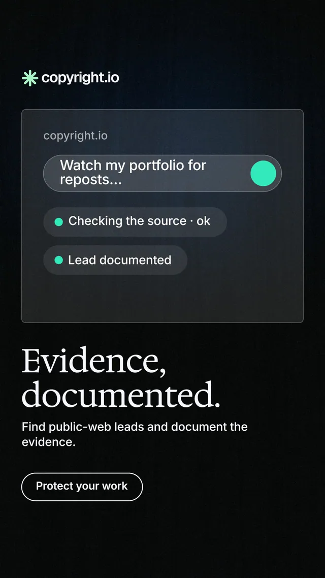 Instagram story for copyright.io: "Evidence, documented." Phosphor atlas style, bottom layout, dark palette in black, grey.