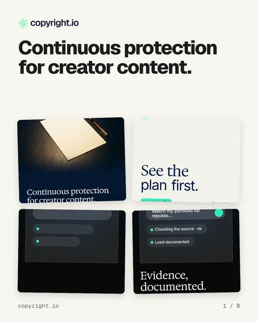 Carousel for copyright.io: "Continuous protection for creator content.". Collection carousel, 8 slides, light palette.