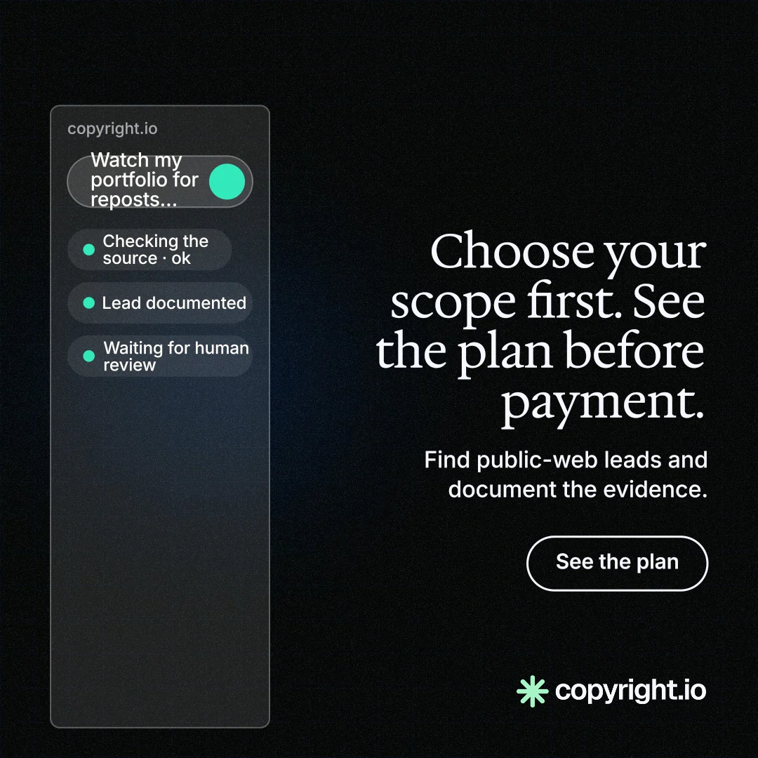 Instagram post for copyright.io: "Choose your scope first. See the plan before payment." Phosphor atlas style, right layout, dark palette in black.