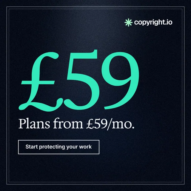 Instagram post for copyright.io: "Your content is being stolen. Put an agent on it." Dark deco style, stat layout, dark palette in black, teal.
