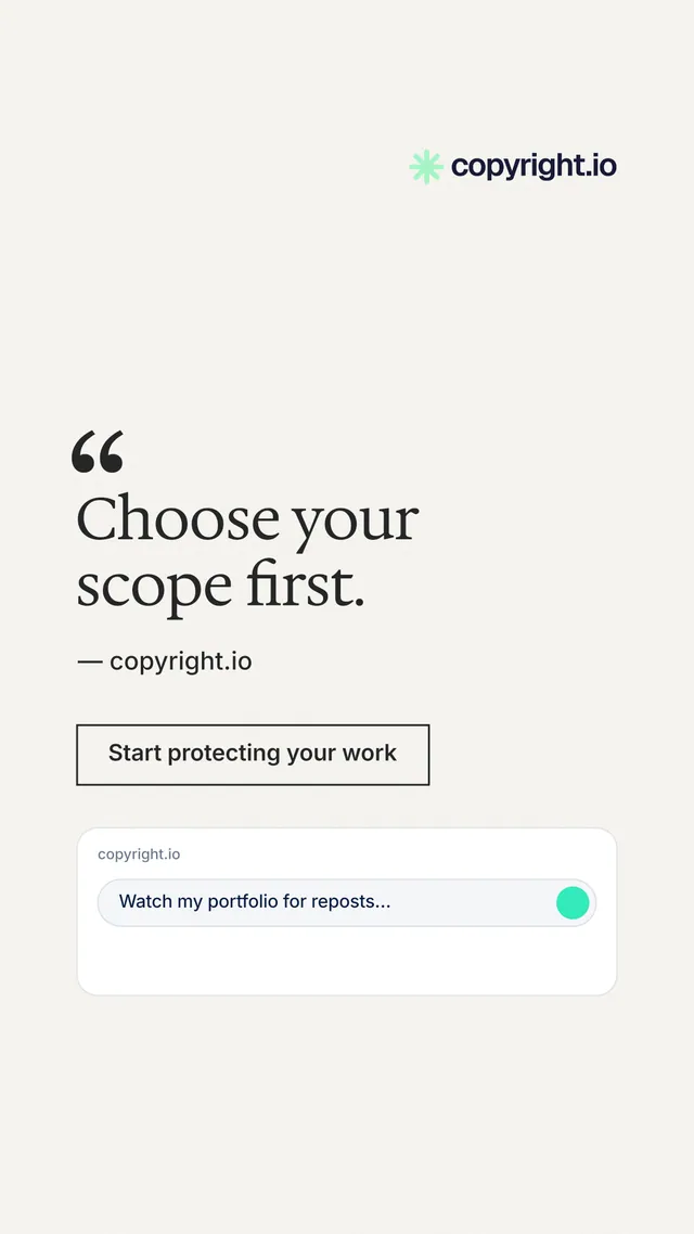 Instagram story for copyright.io: "Choose your scope first." Editorial style, quote layout, light palette in white.