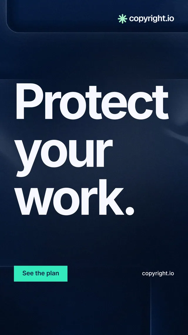 Instagram story for copyright.io: "Protect your work." Swiss style, poster layout, dark palette in black, blue, teal.