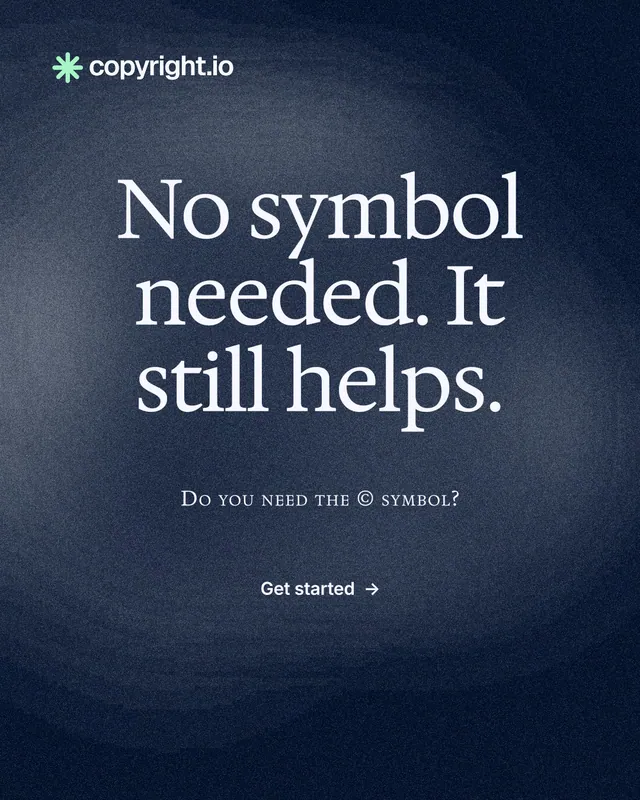 Instagram portrait post for copyright.io: "No symbol needed. It still helps." Cyanotype style, smallcaps layout, dark palette in blue, black, grey.
