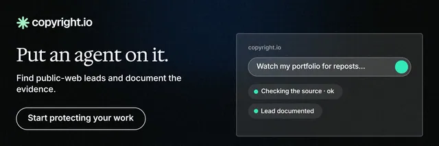 X header for copyright.io: "Put an agent on it." Phosphor atlas style, bottom layout, dark palette in black, grey.