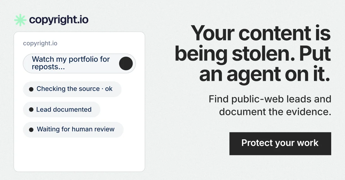 Social ad for copyright.io: "Your content is being stolen. Put an agent on it." Swiss style, right layout, light palette in white, grey.