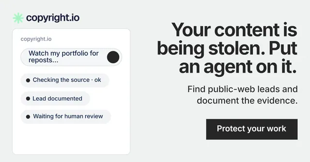 Social ad for copyright.io: "Your content is being stolen. Put an agent on it." Swiss style, right layout, light palette in white, grey.