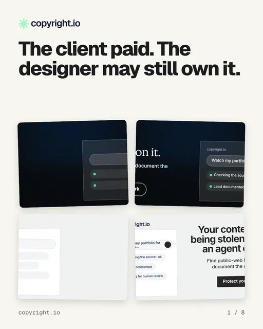 Carousel for copyright.io: "The client paid. The designer may still own it.". Collection carousel, 8 slides, light palette.