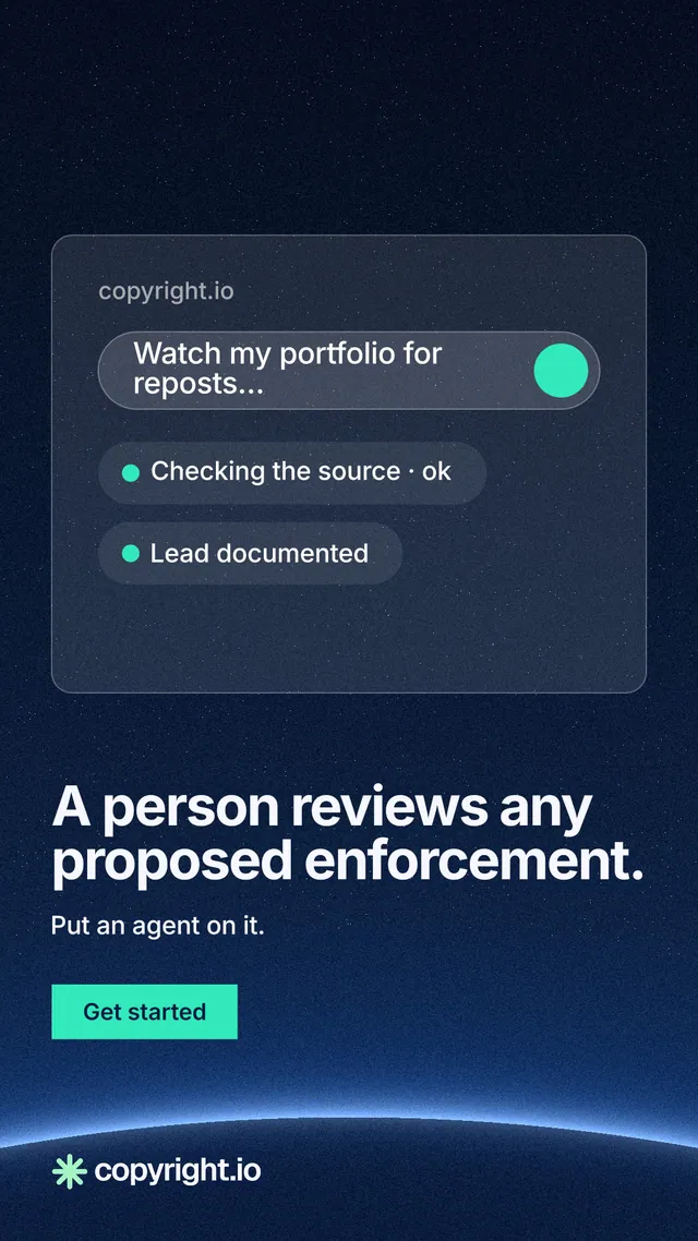 Instagram story for copyright.io: "A person reviews any proposed enforcement." Swiss style, bottom layout, dark palette in blue, black.