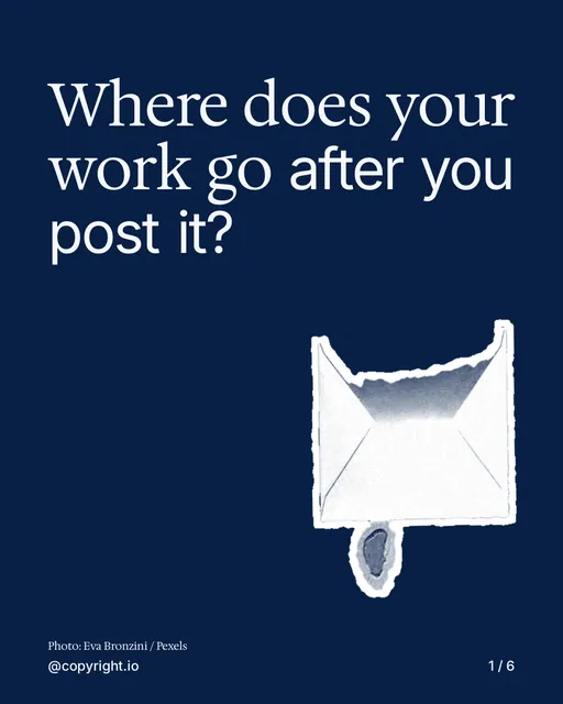 Carousel for copyright.io: "Where does your work go after you post it?". Cutout essay, 6 slides, dark palette.