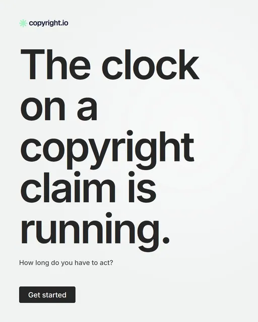 Video for copyright.io: "The clock on a copyright claim is running.". Doc motion loop, 6.0 s, light palette.