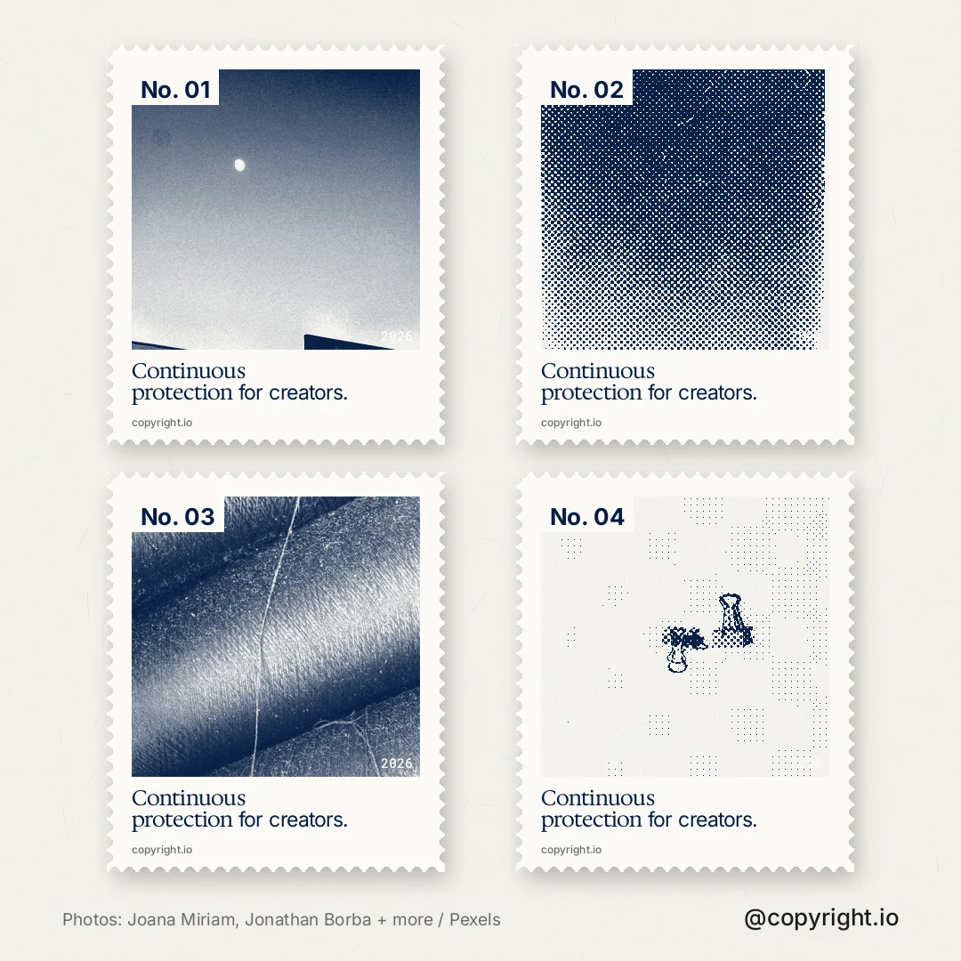 Instagram post for copyright.io: "Continuous protection for creators." Sheet style, technique:stamp series layout, light palette in white, grey.
