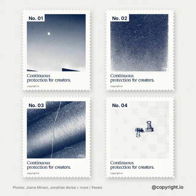 Instagram post for copyright.io: "Continuous protection for creators." Sheet style, technique:stamp series layout, light palette in white, grey.