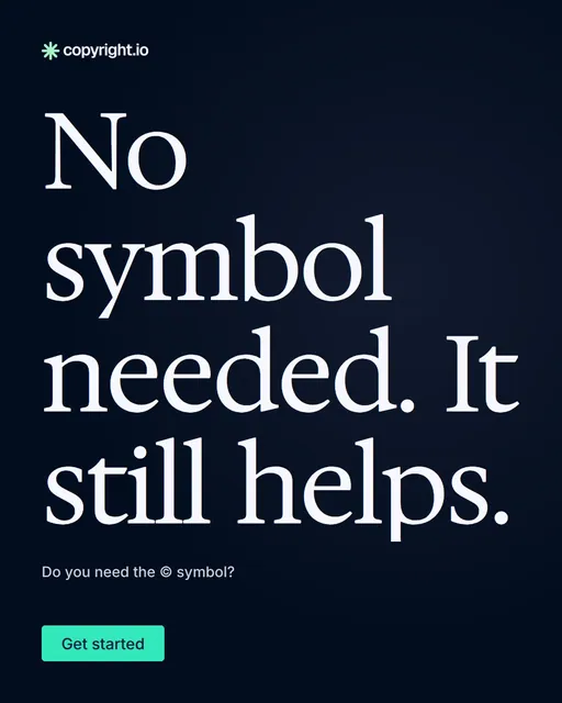 Video for copyright.io: "No symbol needed. It still helps.". Doc motion loop, 7.0 s, dark palette.