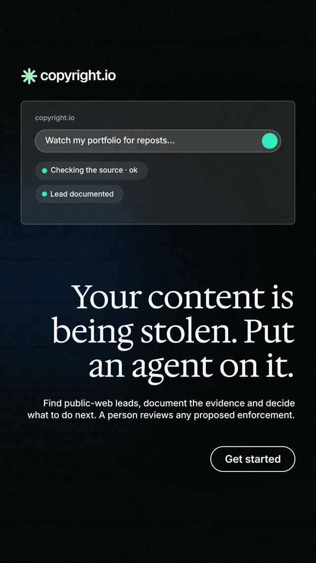 Instagram story for copyright.io: "Your content is being stolen. Put an agent on it." Phosphor atlas style, right layout, dark palette in black.
