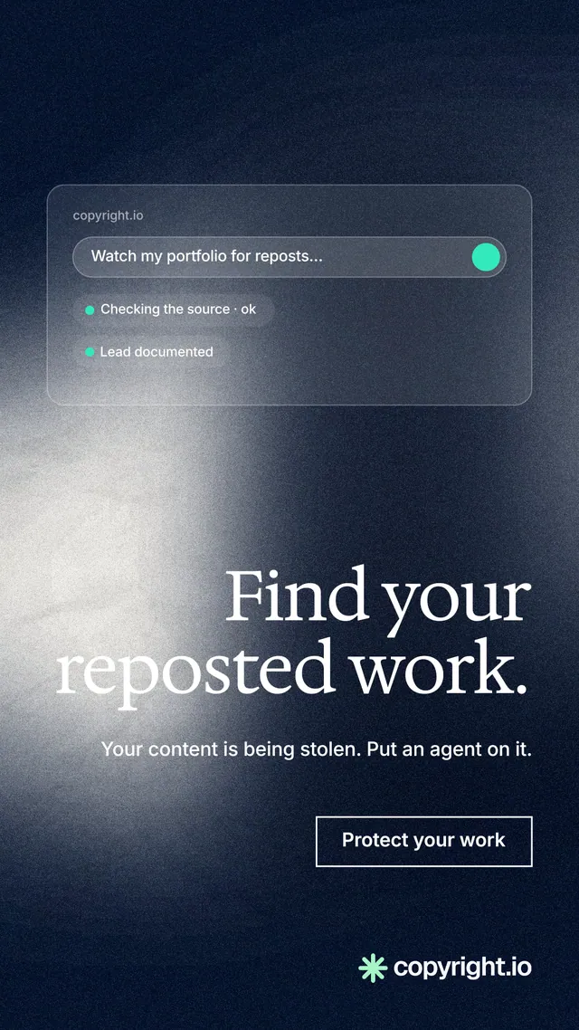 Instagram story for copyright.io: "Find your reposted work." Cyanotype style, right layout, dark palette in black, blue, grey.