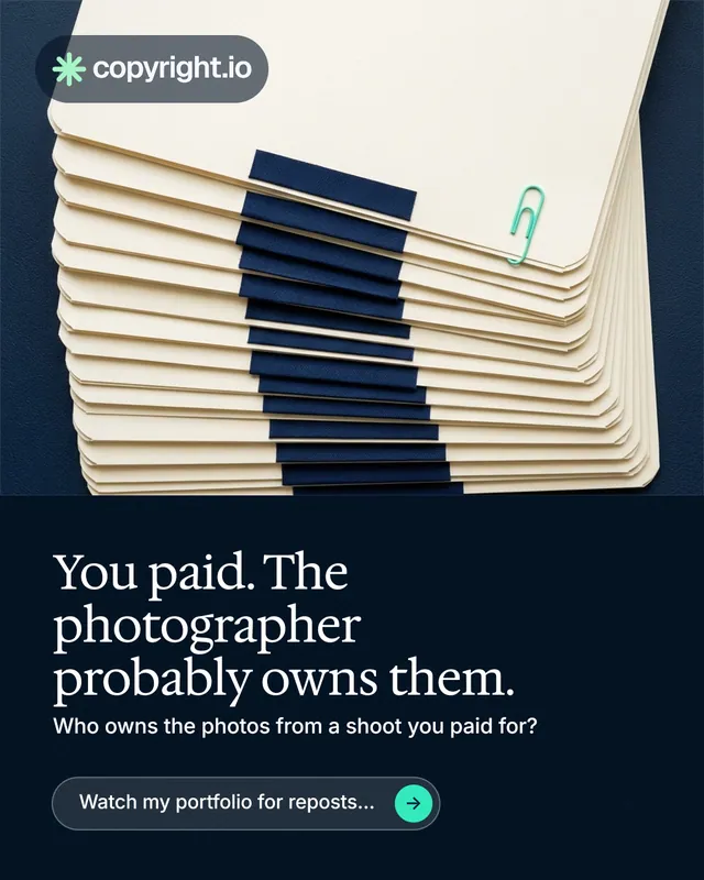 Instagram portrait post for copyright.io: "You paid. The photographer probably owns them." Agentic glass style, bottom layout, dark palette in yellow, black, blue.