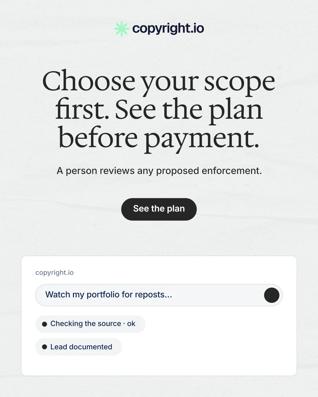 Instagram portrait post for copyright.io: "Choose your scope first. See the plan before payment." Data card style, centred layout, light palette in white, grey.