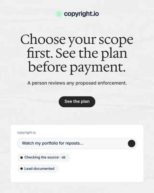 Instagram portrait post for copyright.io: "Choose your scope first. See the plan before payment." Data card style, centred layout, light palette in white, grey.