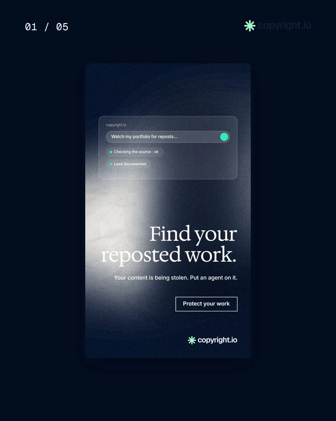 Video for copyright.io. Ad flipbook, 7.5 s, dark palette.