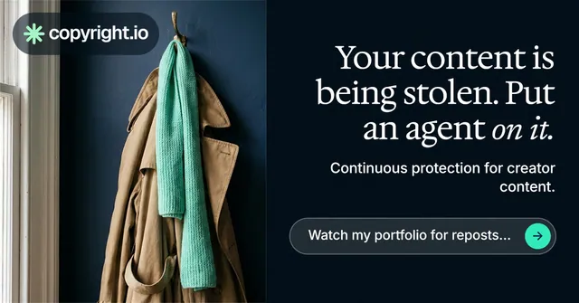 Social ad for copyright.io: "Your content is being stolen. Put an agent on it." Agentic glass style, right layout, dark palette in black, grey.
