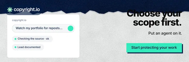 X header for copyright.io: "Choose your scope first." Paper trio style, right layout, light palette in teal, blue, white.