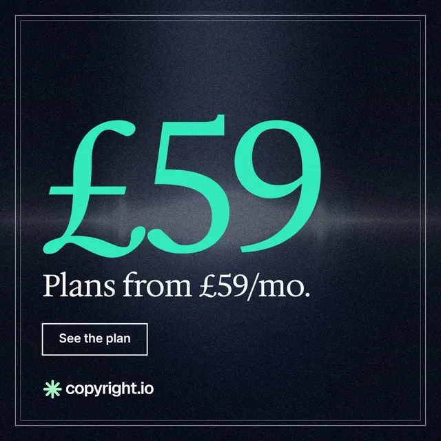 Instagram post for copyright.io: "Your content is being stolen." Dark deco style, stat layout, dark palette in blue, black, teal.