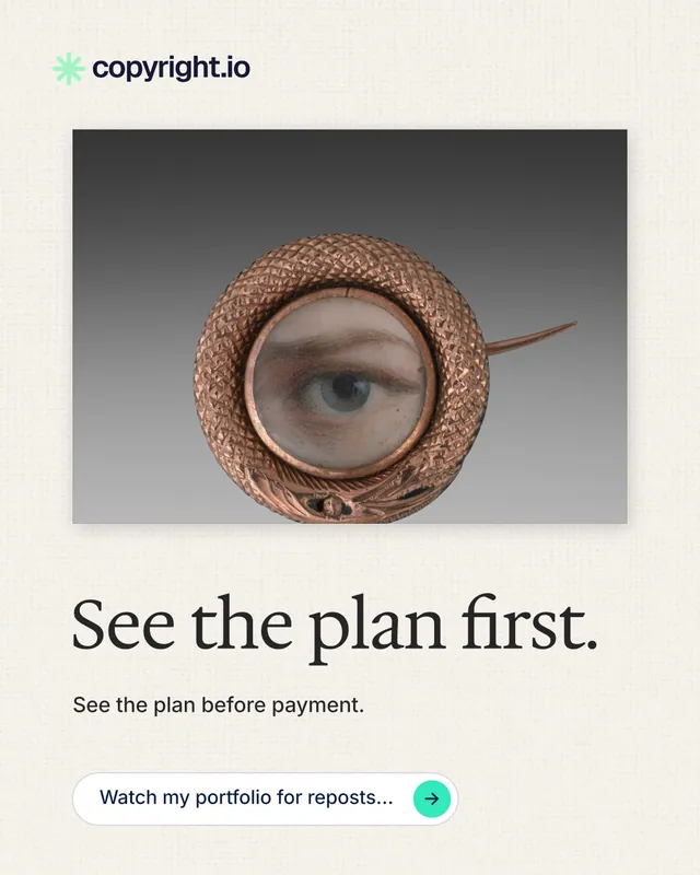 Instagram portrait post for copyright.io: "See the plan first." Agentic glass style, bottom layout, light palette in grey, white.