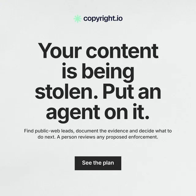 Instagram post for copyright.io: "Your content is being stolen. Put an agent on it." Swiss style, centred layout, light palette in white, grey.
