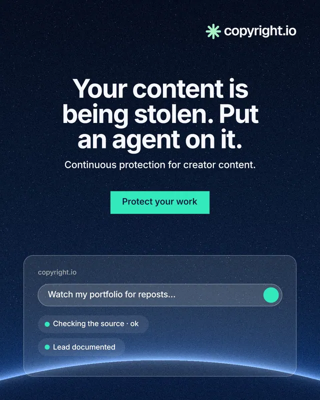 Instagram portrait post for copyright.io: "Your content is being stolen. Put an agent on it." Swiss style, centred layout, dark palette in black, blue.
