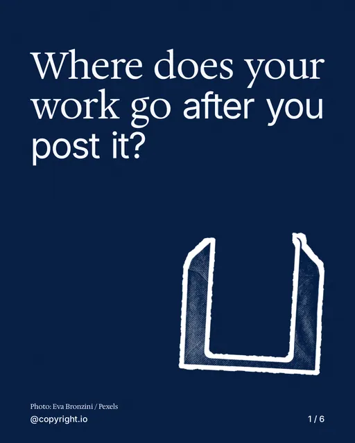 Carousel for copyright.io: "Where does your work go after you post it?". Cutout essay, 6 slides, dark palette.
