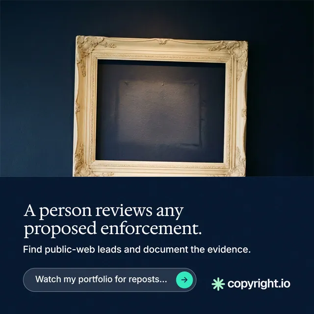 Instagram post for copyright.io: "A person reviews any proposed enforcement." Agentic glass style, bottom layout, dark palette in black, blue, grey.