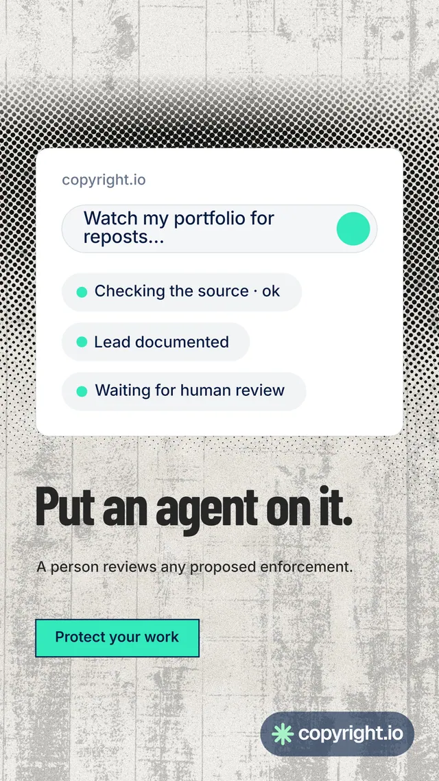 Instagram story for copyright.io: "Put an agent on it." Ink sticker style, bottom layout, light palette in white, grey.