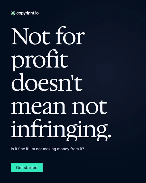 Video for copyright.io: "Not for profit doesn't mean not infringing.". Doc motion loop, 7.0 s, dark palette.