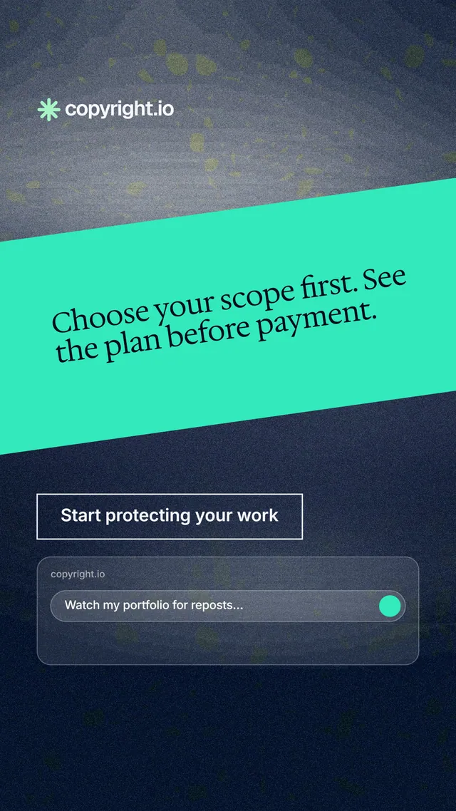Instagram story for copyright.io: "Choose your scope first. See the plan before payment." Cyanotype style, diagonal layout, dark palette in teal, black, grey.