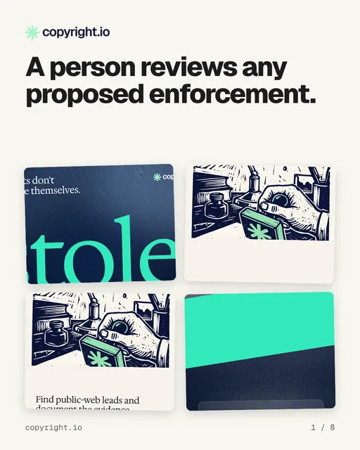 Carousel for copyright.io: "A person reviews any proposed enforcement.". Collection carousel, 8 slides, light palette.