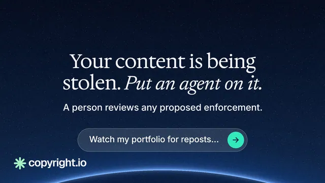 Landscape graphic for copyright.io: "Your content is being stolen. Put an agent on it." Agentic glass style, centred layout, dark palette in blue, black.